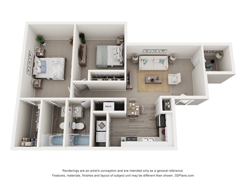Floor plan for 2 beds, 2 baths, 976 sqft
